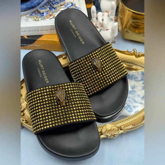 🆕 KURT GEIGER LONDON 🧿 NWOB Meena Eagle Black & Gold Studded Slide, Sz 8.5 - Picture 7 of 12